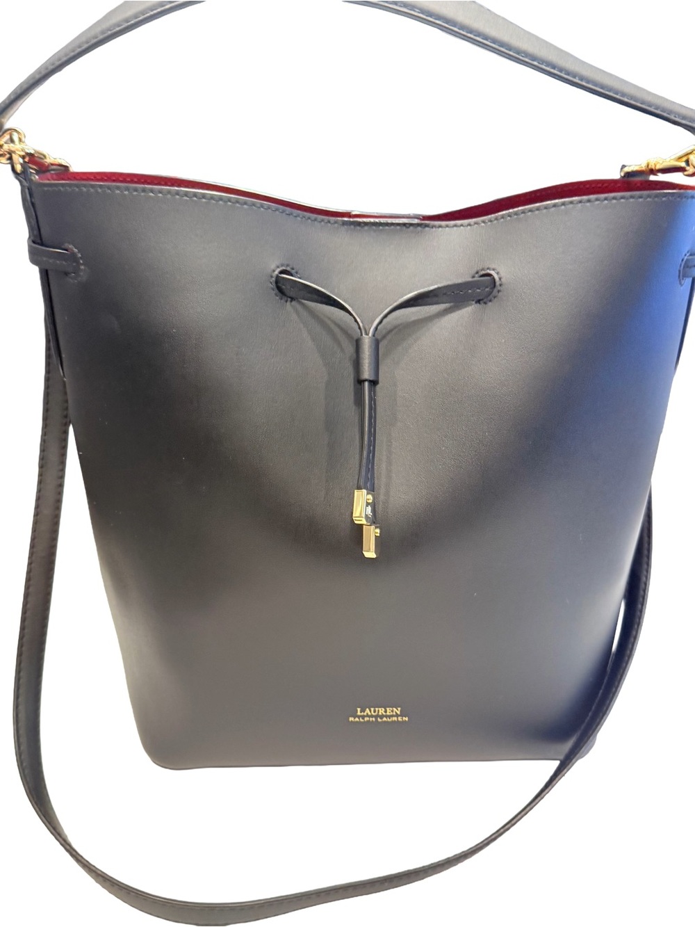 Lauren Ralph Lauren Dryden Debby Drawstring Bucket Bag Black Gold Hardware NEW
